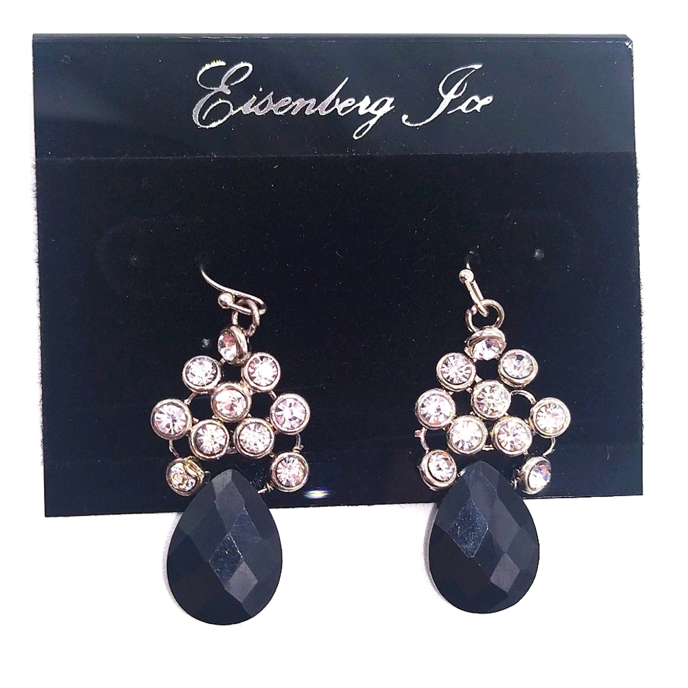 Vintage Eisenberg Ice Black Gemstone Made with Swarovski Earrings in Silver-Rare